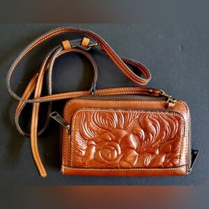 Patricia Nash Italian Tooled Cognac Leather Zip Around Crossbody & Wallet